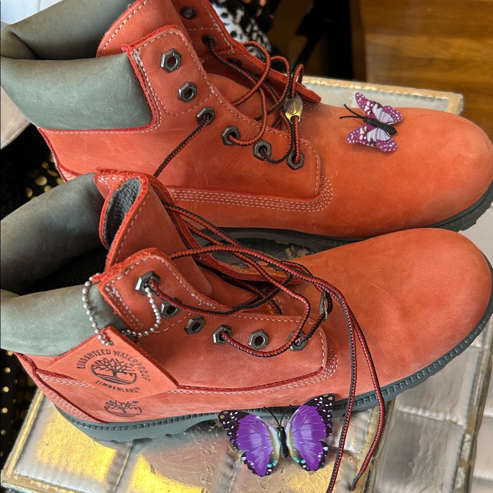 FINAL DAY. Timberland Red Boots with Purple Butterfly Details